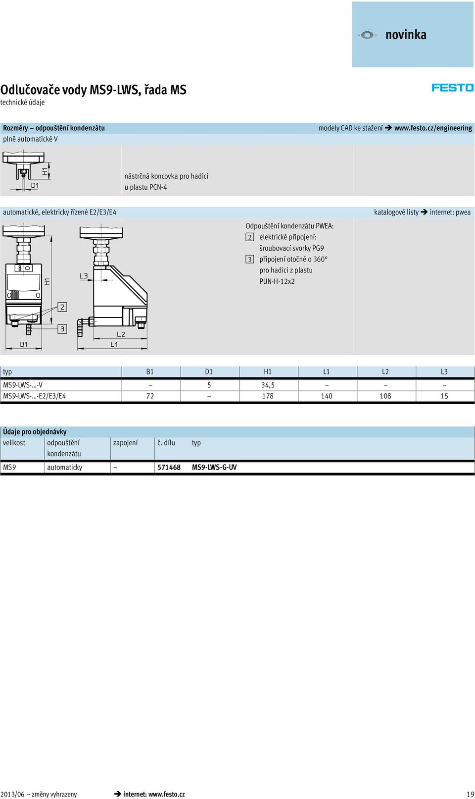 2 elektrické připojení: šroubovací svorky PG9 3 připojení otočné o 360 pro hadici z plastu PUN-H-12x2 typ B1 D1 H1 L1 L2 L3 MS9-LWS--V 5 34,5 MS9-LWS--E2/E3/E4