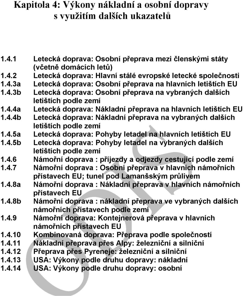 4.4b Letecká doprava: Nákladní přeprava na vybraných dalších letištích podle zemí 1.4.5a 1.4.5b Letecká doprava: Pohyby letadel na hlavních letištích EU Letecká doprava: Pohyby letadel na vybraných dalších letištích podle zemí 1.