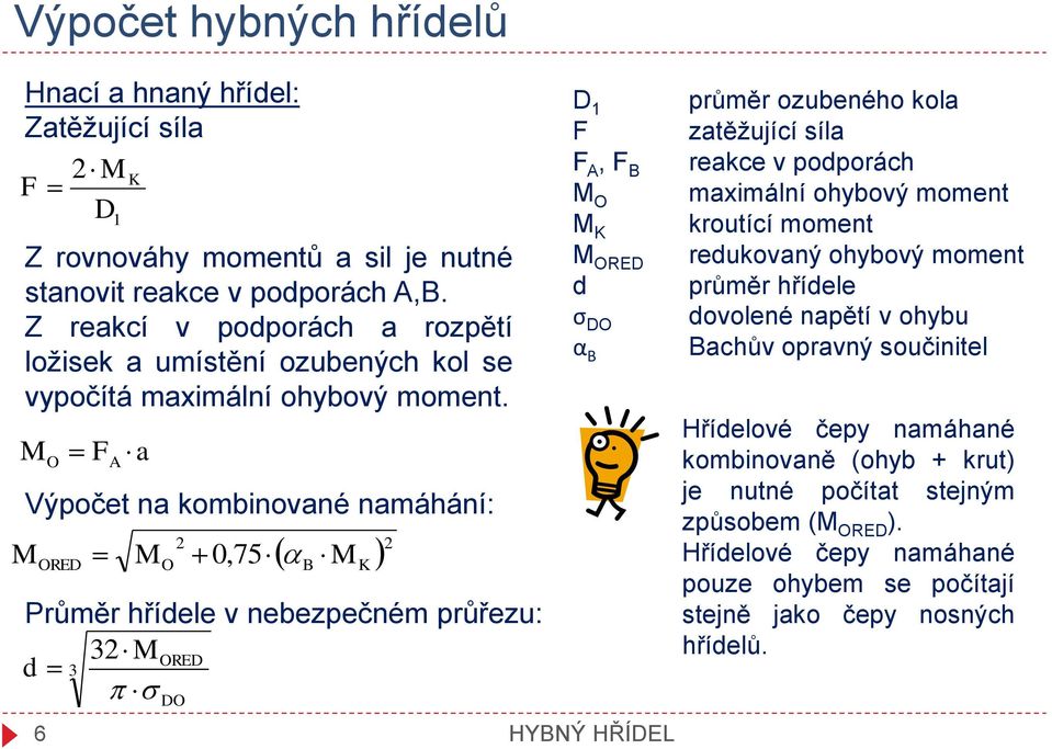 O F A a Výpočet na kombinované namáhání: ORED O 2, 75 2 0 B Průměr hřídele v nebezpečném průřezu: 32 d ORED 3 DO 6 HYBNÝ HŘÍDEL D 1 F F A, F B O ORED d σ DO α B průměr ozubeného kola