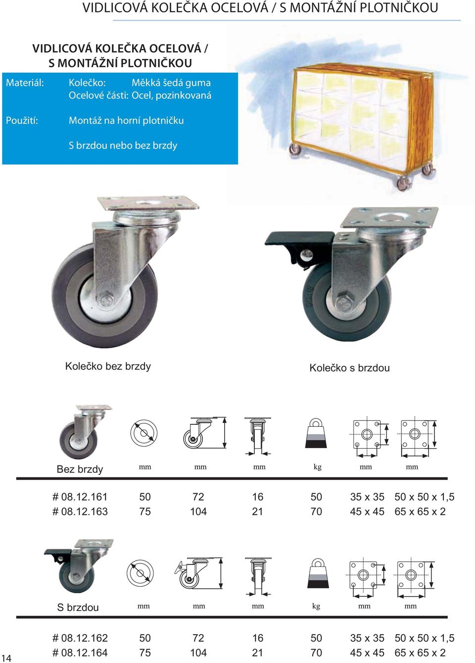 brzdou nebo bez brzdy # 08.12.161 50 72 16 50 35 x 35 50 x 50 x 1,5 # 08.12.163 75 104 21 70 45 x 45 65 x 65 x 2 14 # 08.