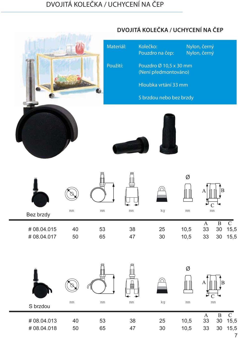 brzdou nebo bez brzdy Ø kg # 08.04.015 40 53 38 25 10,5 33 30 15,5 # 08.04.017 50 65 47 30 10,5 33 30 15,5 Ø kg # 08.