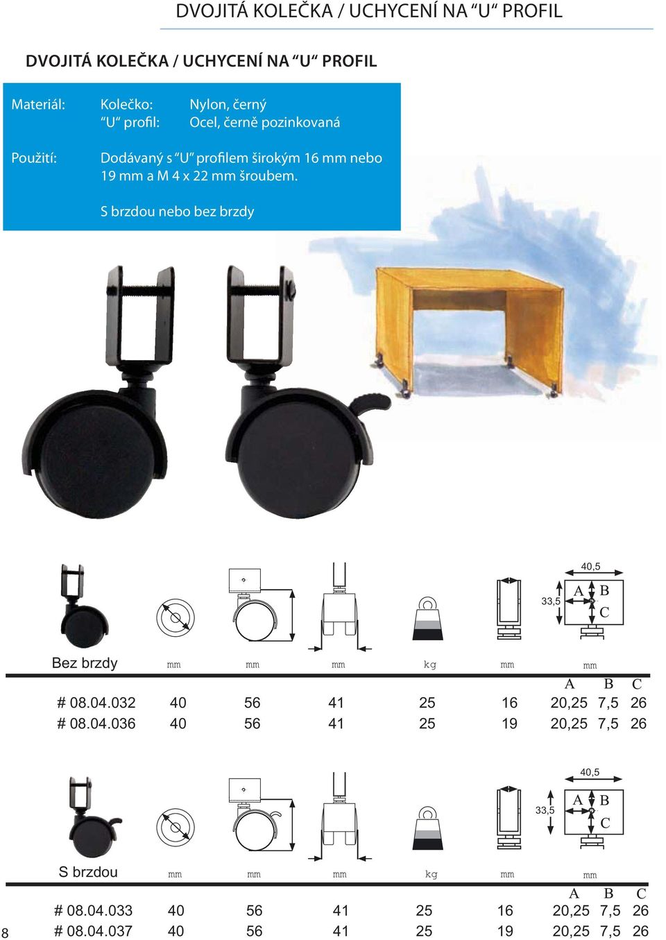S brzdou nebo bez brzdy 40,5 33,5 kg # 08.04.032 40 56 41 25 16 20,25 7,5 26 # 08.04.036 40 56 41 25 19 20,25 7,5 26 40,5 33,5 kg 8 # 08.