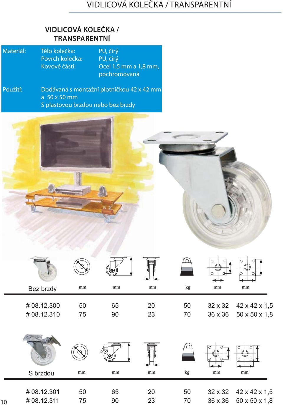 S plastovou brzdou nebo bez brzdy # 08.12.300 50 65 20 50 32 x 32 42 x 42 x 1,5 # 08.12.310 75 90 23 70 36 x 36 50 x 50 x 1,8 10 # 08.