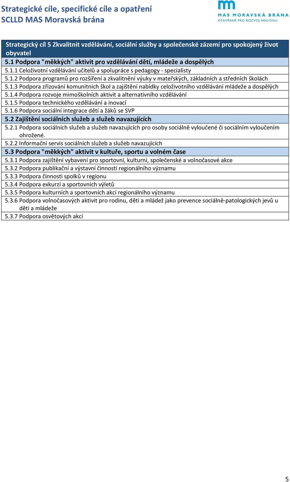 1.4 Podpora rozvoje mimoškolních aktivit a alternativního vzdělávání 5.1.5 Podpora technického vzdělávání a inovací 5.1.6 Podpora sociální integrace dětí a žáků se SVP 5.