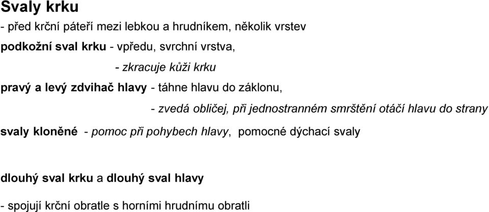 obličej, při jednostranném smrštění otáčí hlavu do strany svaly kloněné - pomoc při pohybech hlavy,