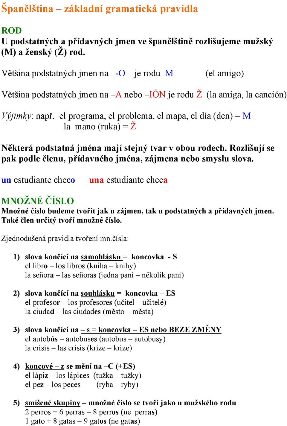 el programa, el problema, el mapa, el día (den) = M la mano (ruka) = Ž Některá podstatná jména mají stejný tvar v obou rodech.