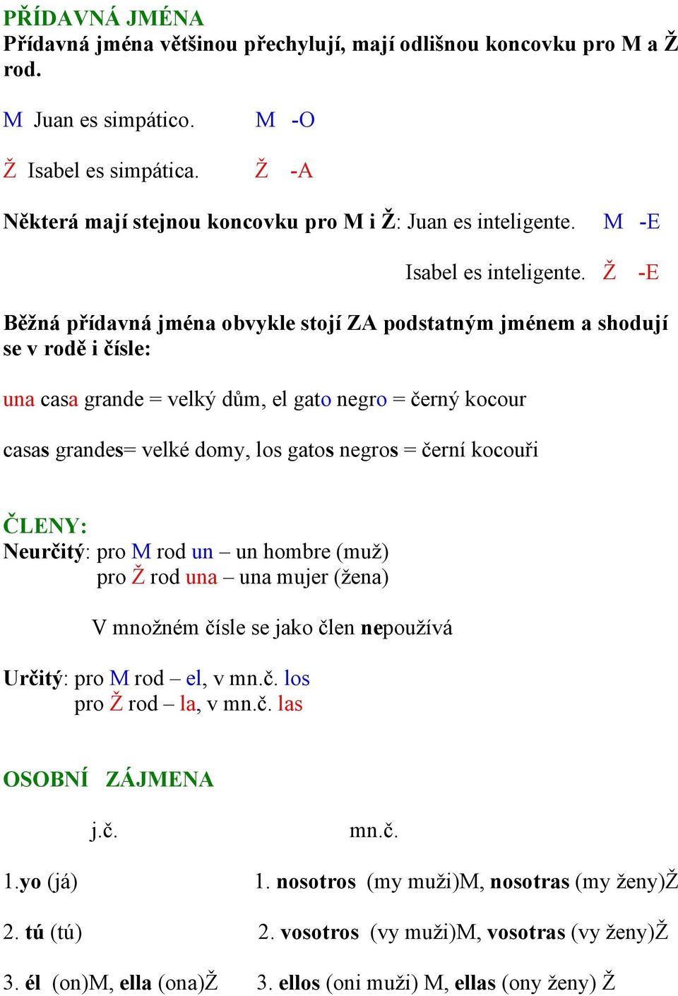 Ž -E Běžná přídavná jména obvykle stojí ZA podstatným jménem a shodují se v rodě i čísle: una casa grande = velký dům, el gato negro = černý kocour casas grandes= velké domy, los gatos negros = černí