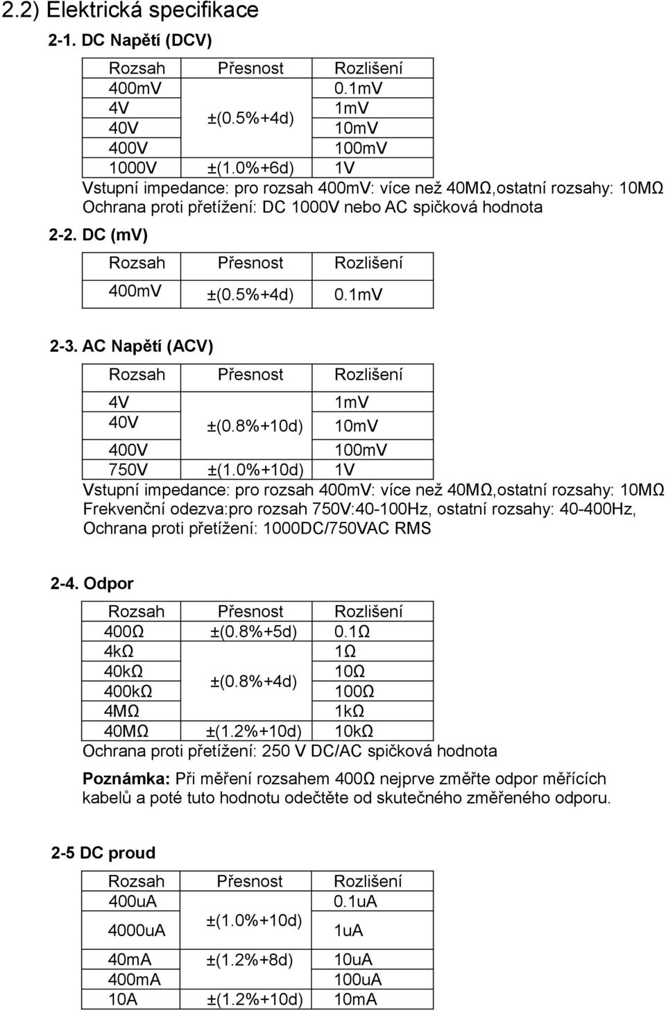 AC Napětí (ACV) 4V 1mV 40V ±(0.8%+10d) 10mV 400V 100mV 750V ±(1.