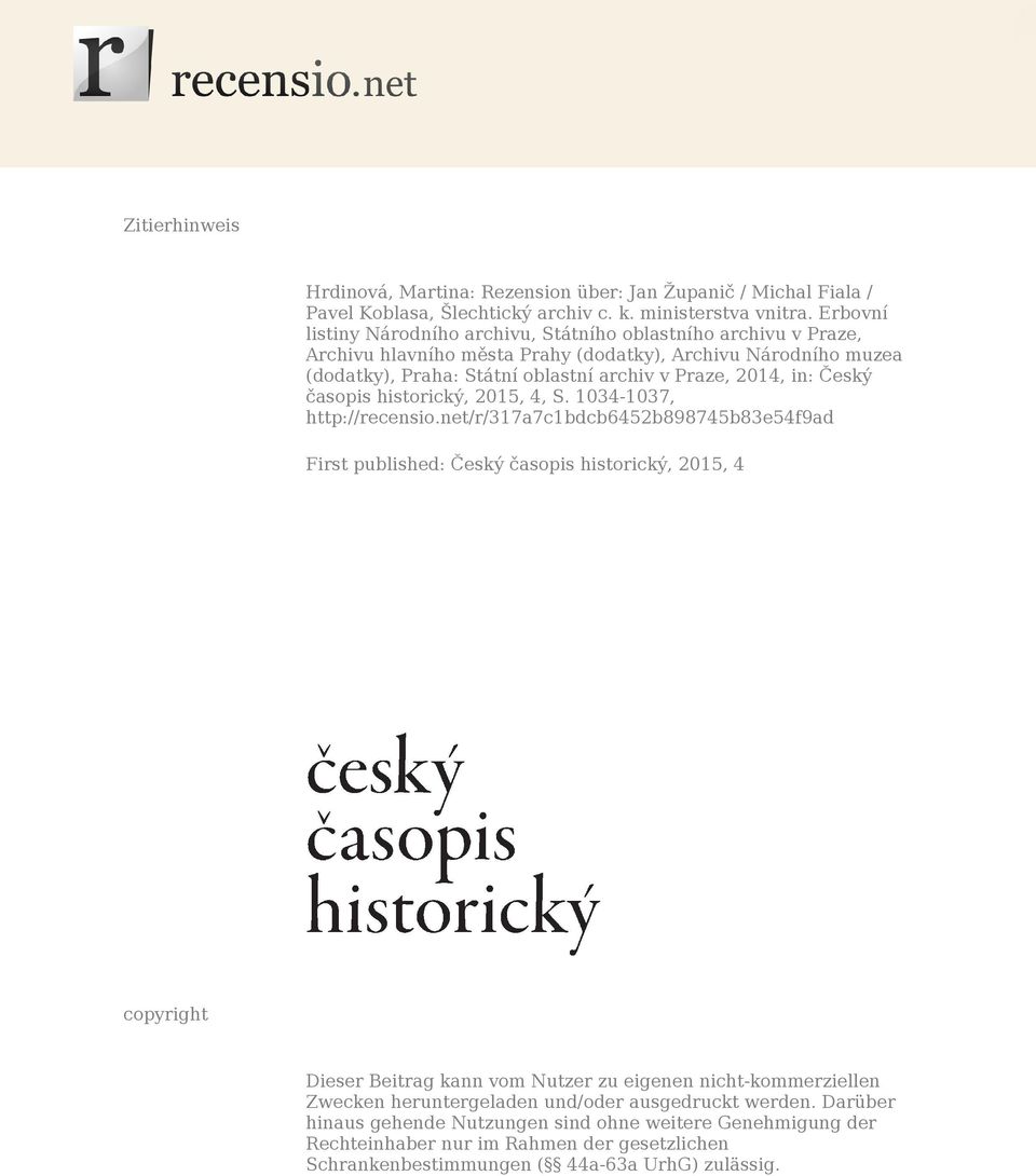 in: Český časopis historický, 2015, 4, S. 1034-1037, http://recensio.