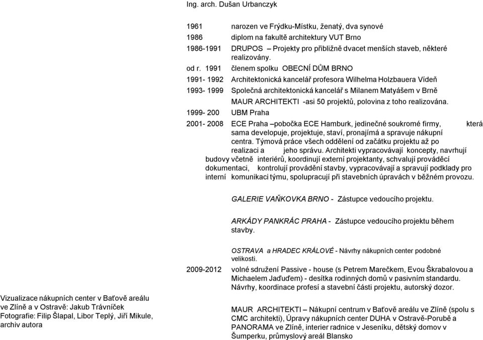 1991 členem spolku OBECNÍ DŮM BRNO 1991-1992 Architektonická kancelář profesora Wilhelma Holzbauera Vídeň 1993-1999 Společná architektonická kancelář s Milanem Matyášem v Brně 1999-200 UBM Praha MAUR