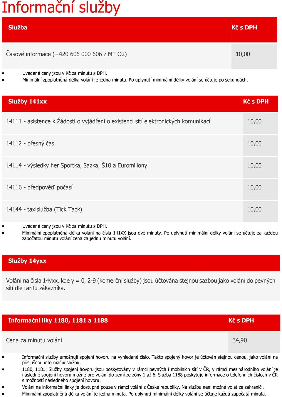 Služby 141xx Kč s DPH 14111 - asistence k Žádosti o vyjádření o existenci sítí elektronických komunikací 10,00 14112 - přesný čas 10,00 14114 - výsledky her Sportka, Sazka, Š10 a Euromiliony 10,00