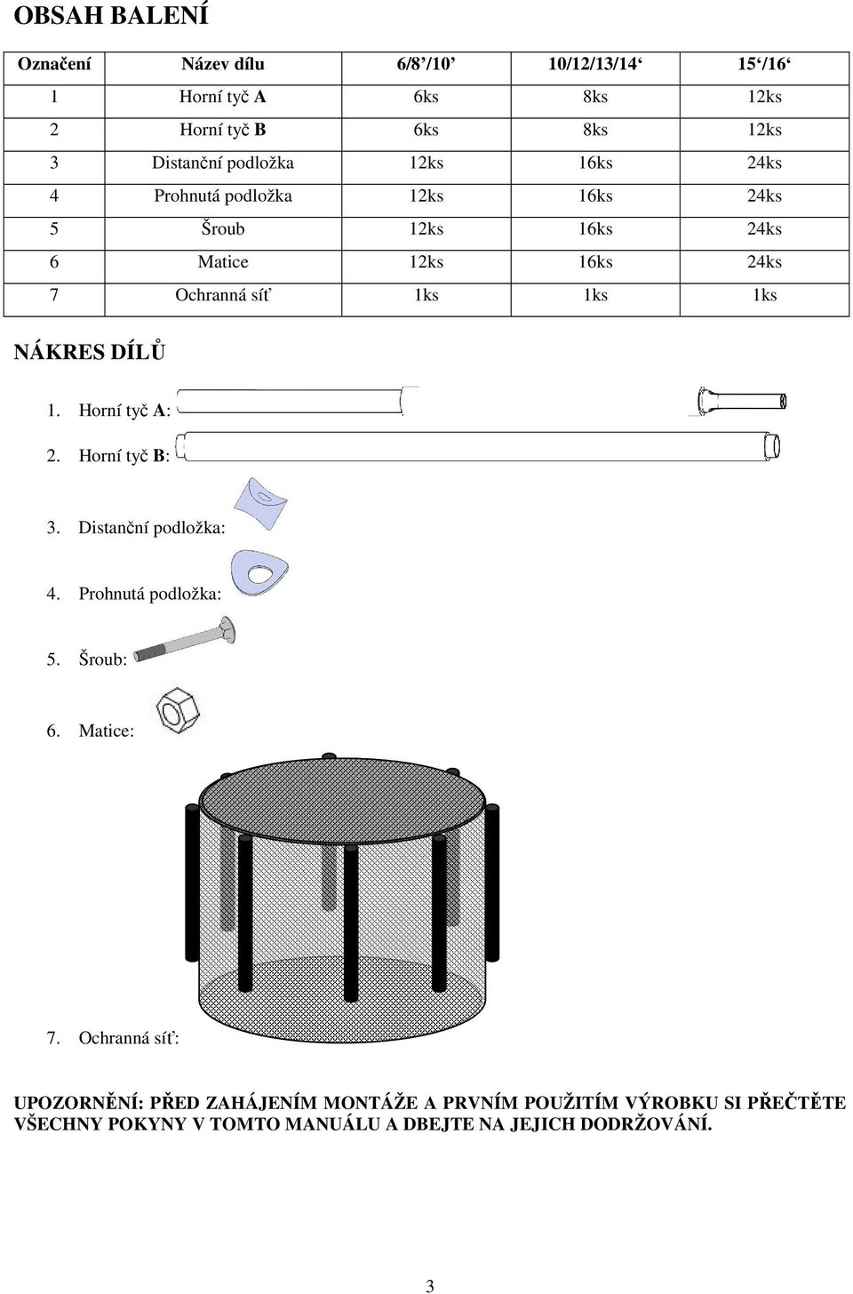 1ks NÁKRES DÍLŮ 1. Horní tyč A: 2. Horní tyč B: 3. Distanční podložka: 4. Prohnutá podložka: 5. Šroub: 6. Matice: 7.