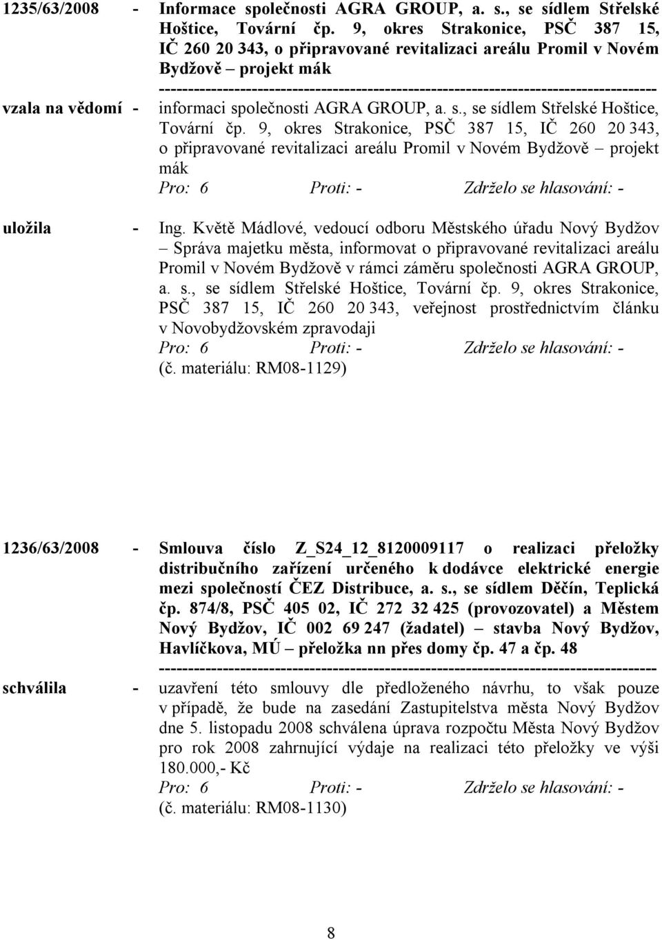 9, okres Strakonice, PSČ 387 15, IČ 260 20 343, o připravované revitalizaci areálu Promil v Novém Bydžově projekt mák uložila - Ing.