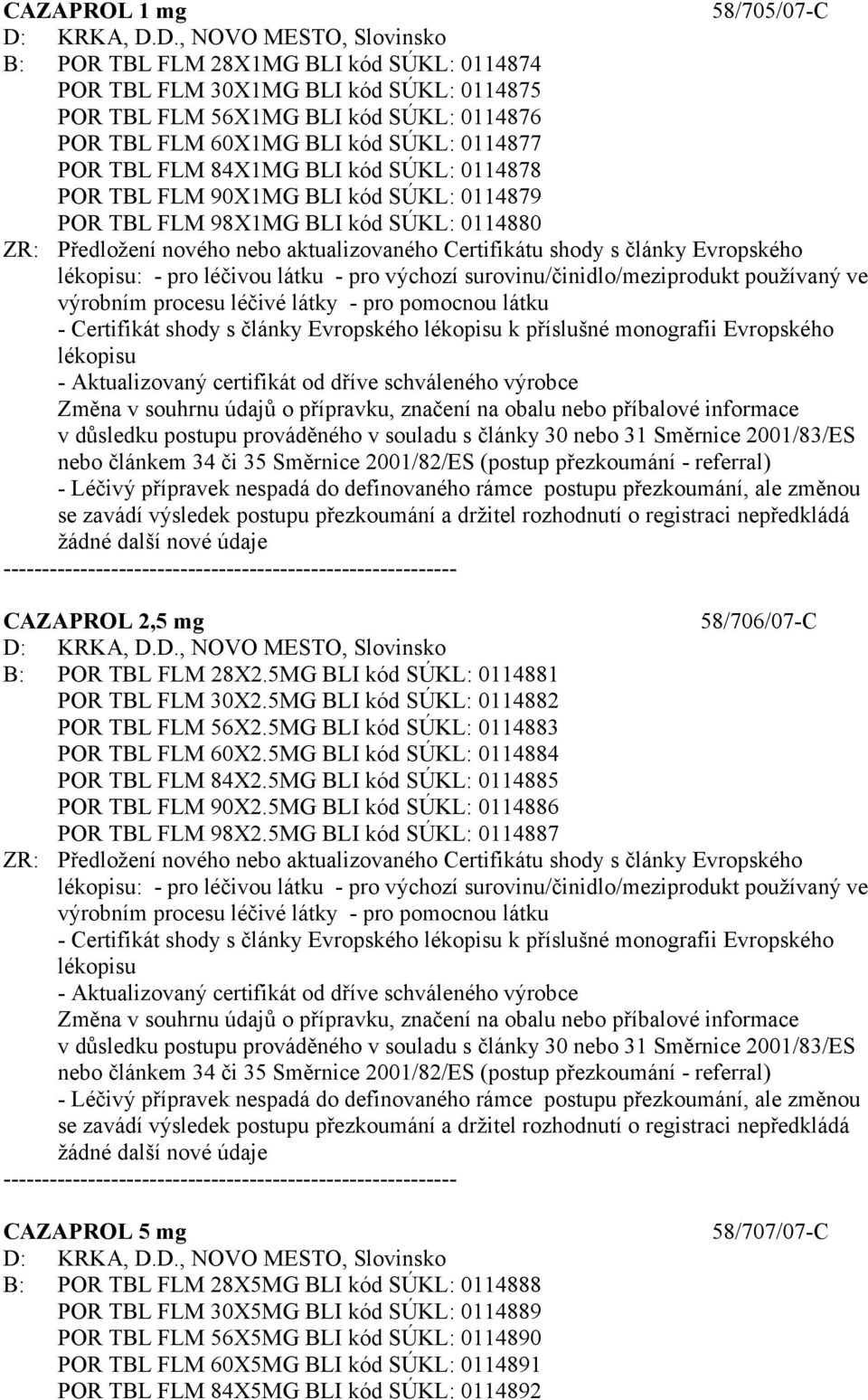 D., NOVO MESTO, Slovinsko B: POR TBL FLM 28X1MG BLI kód SÚKL: 0114874 POR TBL FLM 30X1MG BLI kód SÚKL: 0114875 POR TBL FLM 56X1MG BLI kód SÚKL: 0114876 POR TBL FLM 60X1MG BLI kód SÚKL: 0114877 POR