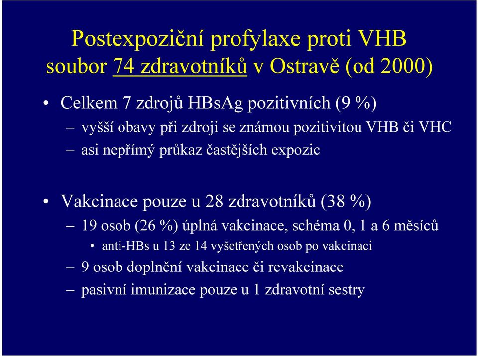 pouze u 28 zdravotníků (38 %) 19 osob (26 %) úplná vakcinace, schéma 0, 1 a 6 měsíců anti-hbs u 13 ze 14