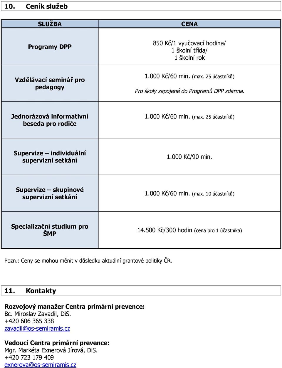 Supervize skupinové supervizní setkání 1.000 Kč/60 min. (max. 10 účastníků) Specializační studium pro ŠMP 14.500 Kč/300 hodin (cena pro 1 účastníka) Pozn.