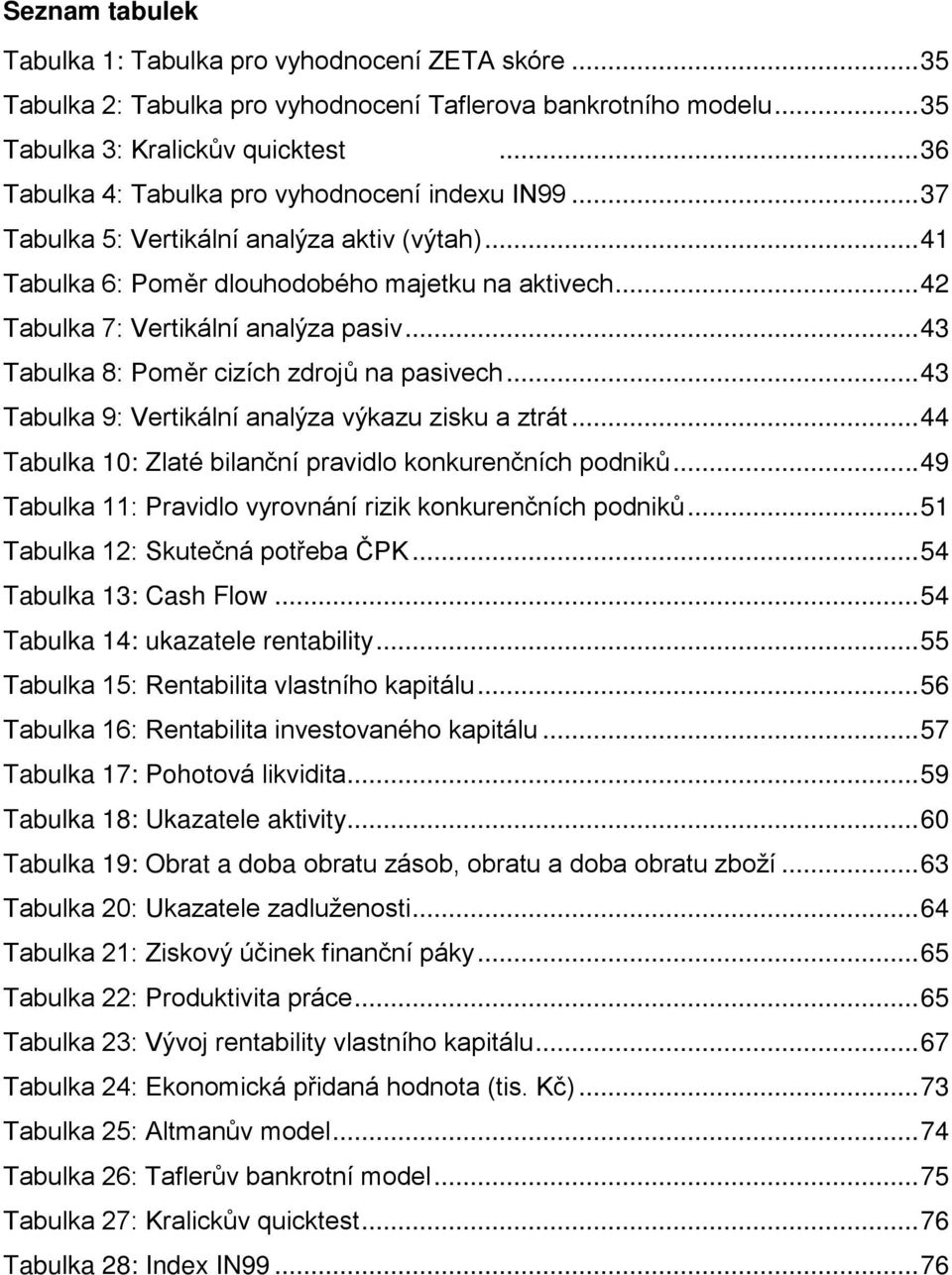 .. 43 Tabulka 8: Poměr cizích zdrojů na pasivech... 43 Tabulka 9: Vertikální analýza výkazu zisku a ztrát... 44 Tabulka 10: Zlaté bilanční pravidlo konkurenčních podniků.