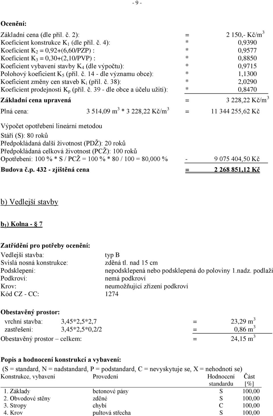 4): * 0,9390 Koeficient K 2 = 0,92+(6,60/PZP) : * 0,9577 Koeficient K 3 = 0,30+(2,10/PVP) : * 0,8850 Koeficient vybavení stavby K 4 (dle výpočtu): * 0,9715 Polohový koeficient K 5 (příl. č.