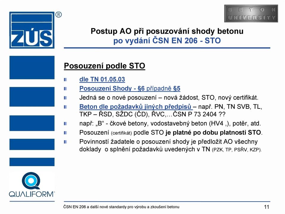 PN, TN SVB, TL, TKP ŘSD, SŽDC (ČD), ŘVC, ČSN P 73 2404?? např: B - čkové betony, vodostavebný beton (HV4,), potěr, atd.