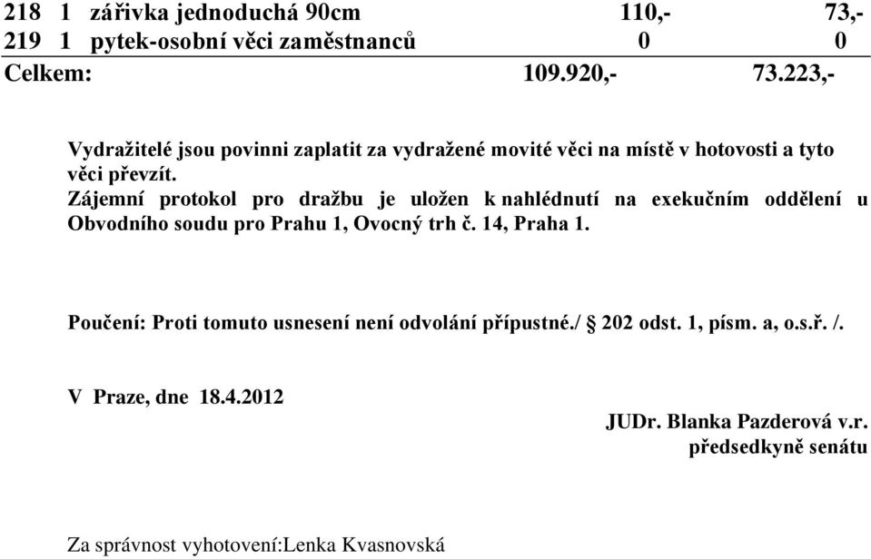 Zájemní protokol pro dražbu je uložen k nahlédnutí na exekučním oddělení u Obvodního soudu pro Prahu 1, Ovocný trh č. 14, Praha 1.