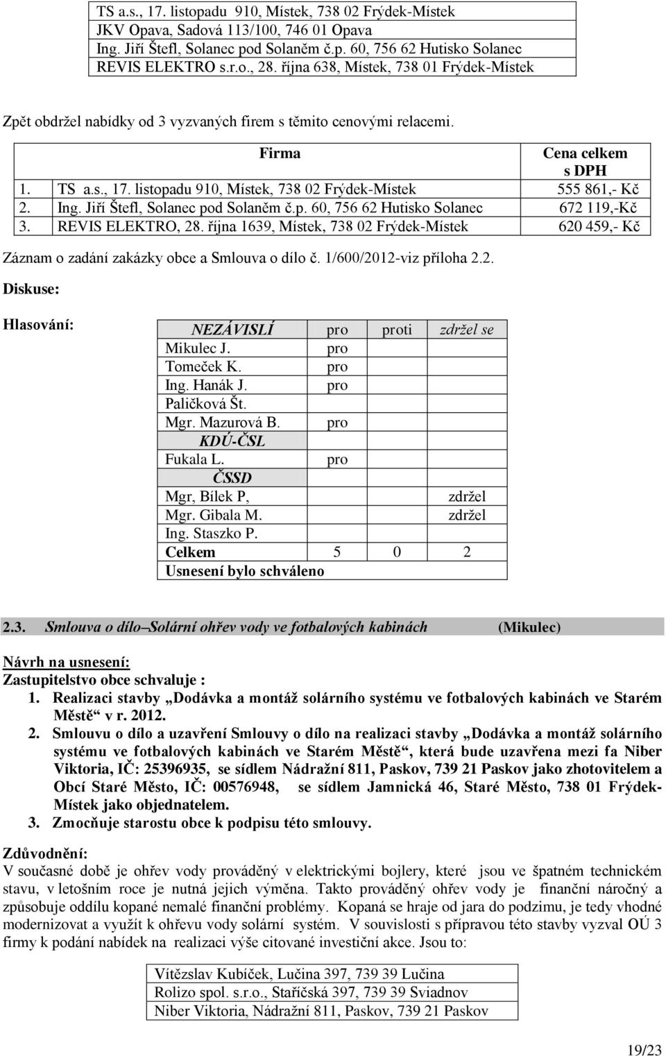 listopadu 910, Místek, 738 02 Frýdek-Místek 555 861,- Kč 2. Ing. Jiří Štefl, Solanec pod Solaněm č.p. 60, 756 62 Hutisko Solanec 672 119,-Kč 3. REVIS ELEKTRO, 28.