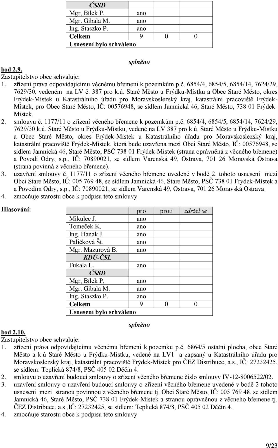 Jamnická 46, Staré Město, 738 01 Frýdek- Místek. 2. smlouvu č. 1177/11 o zřízení věcného břemene k pozemkům p.č. 6854/4, 6854/5, 6854/14, 7624/29, 7629/30 k.ú.