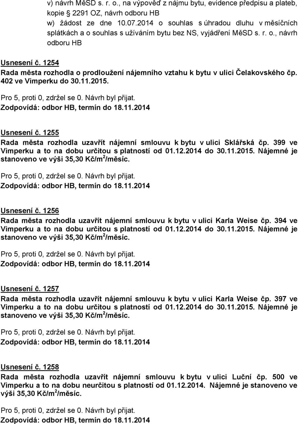 1254 Rada města rozhodla o prodloužení nájemního vztahu k bytu v ulici Čelakovského čp. 402 ve Vimperku do 30.11.2015. Usnesení č.