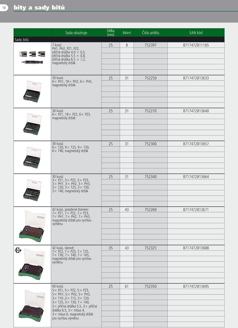 9 T30, 6 T40, magnetický držák 25 31 752300 8717472813657 30 kusů: 3 PZ1, 3 PZ2, 3 PZ3, 3 PH1, 3 PH2, 3 PH3, 3 T20, 3 T25, 3 T30, 3 T40, magnetický držák 25 31 752340 8717472813664 42 kusů, potažené