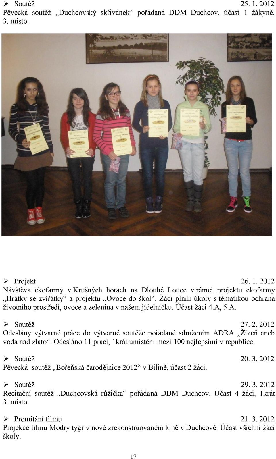 . 2. 2012 Odeslány výtvarné práce do výtvarné soutěže pořádané sdružením ADRA Žízeň aneb voda nad zlato. Odesláno 11 prací, 1krát umístění mezi 100 nejlepšími v republice. Soutěž 20. 3.