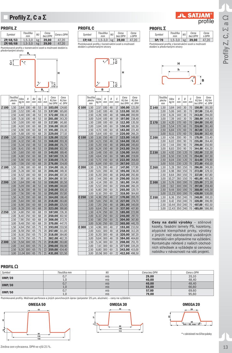 Profily Z, C, Σ a Ω plechu Váha kg/m H Bd Bg C Kč/bm Kč/bm vč.