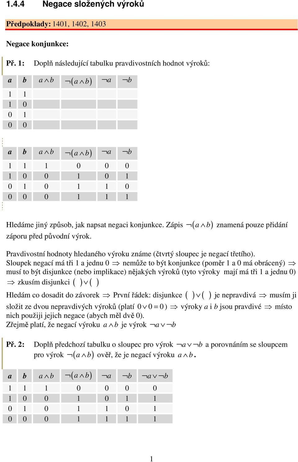 Zápis ( a b) záporu před původní výrok. znamená pouze přidání Pravdivostní hodnoty hledaného výroku známe (čtvrtý sloupec je negací třetího).