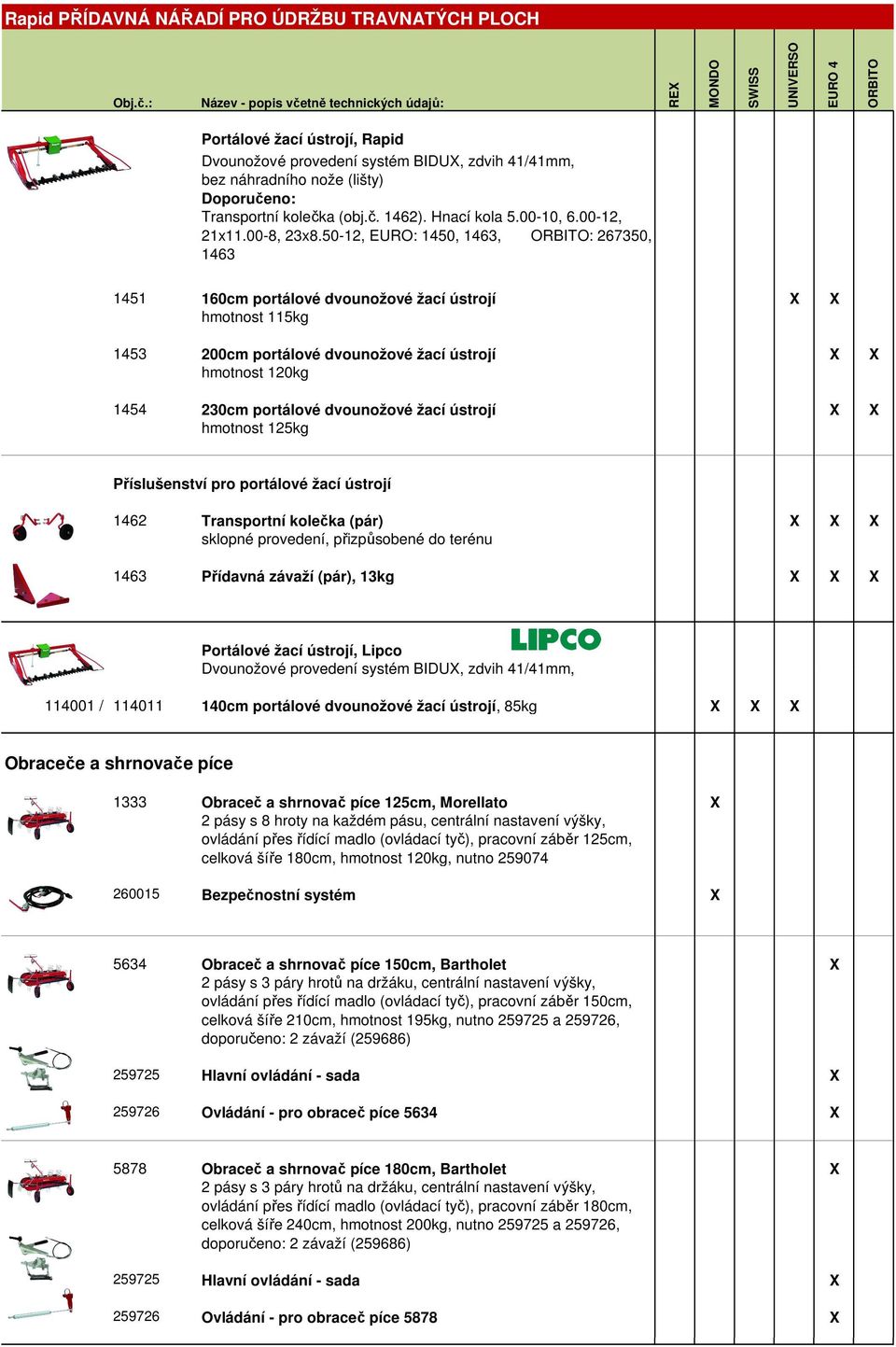 50-12, EURO: 1450, 1463, : 267350, 1463 1451 160cm portálové dvounožové žací ústrojí hmotnost 115kg 1453 200cm portálové dvounožové žací ústrojí hmotnost 120kg 1454 230cm portálové dvounožové žací
