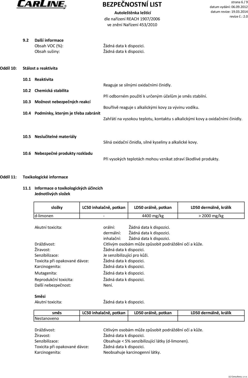 Zahřátí na vysokou teplotu, kontaktu s alkalickými kovy a oxidačními činidly. 10.5 Neslučitelné materiály 10.6 Nebezpečné produkty rozkladu Silná oxidační činidla, silné kyseliny a alkalické kovy.