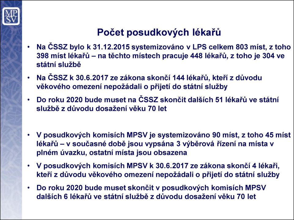 věku 70 let V posudkových komisích MPSV je systemizováno 90 míst, z toho 45 míst lékařů v současné době jsou vypsána 3 výběrová řízení na místa v plném úvazku, ostatní místa jsou obsazena V