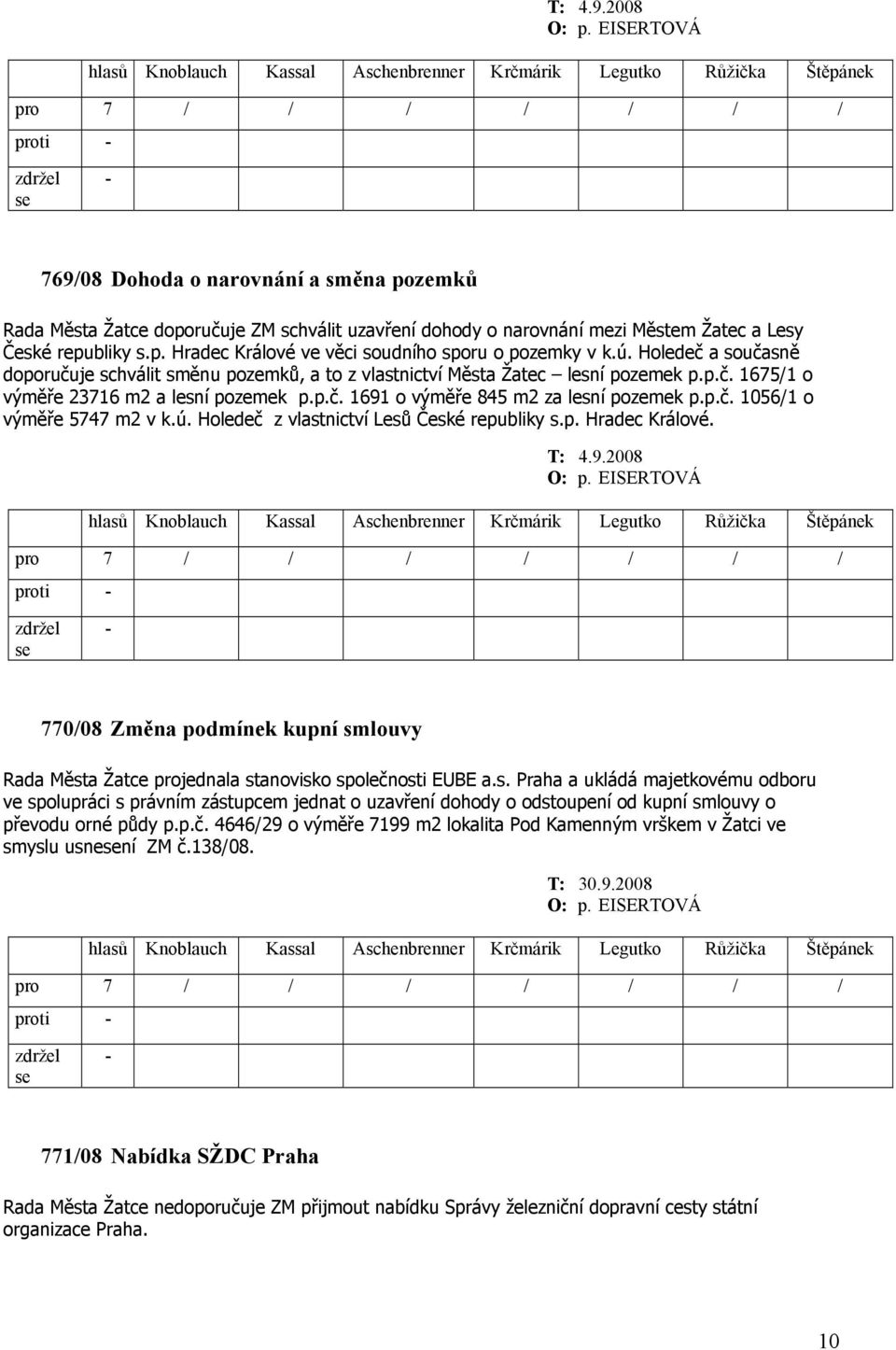 ú. Holedeč z vlastnictví Lesů České republiky s.p. Hradec Králové. proti 770/08 Změna podmínek kupní smlouvy Rada Města Žatce projednala stanovisko společnosti EUBE a.s. Praha a ukládá majetkovému odboru ve spolupráci s právním zástupcem jednat o uzavření dohody o odstoupení od kupní smlouvy o převodu orné půdy p.