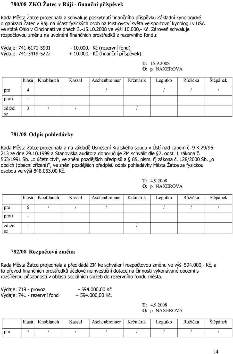 Zároveň schvaluje rozpočtovou změnu na uvolnění finančních prostředků z rezervního fondu: Výdaje: 74161715901 Výdaje: 74134195222 10.000, Kč (rezervní fond) + 10.000, Kč (finanční příspěvek). T: 15.9.2008 O: p.