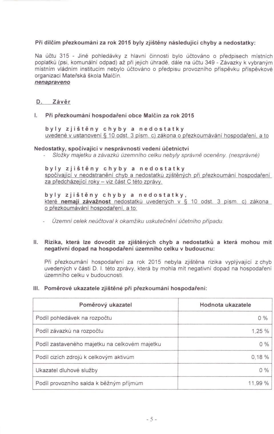 Při přezkoumání hospodaření obce Malčín za rok 2015 byly zjištěny chyby a nedostatky uvedené v ustanovení 10 odst.