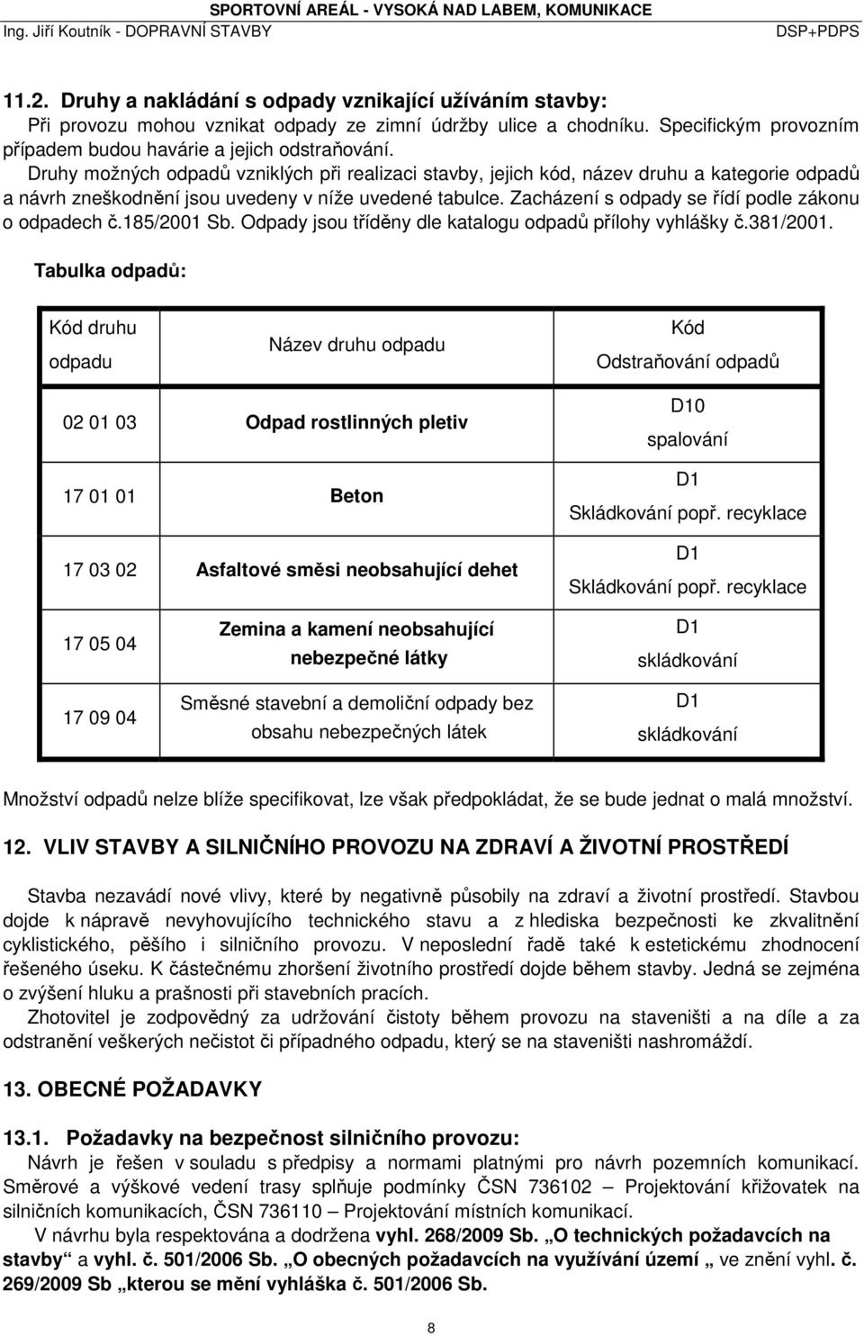 Zacházení s odpady se řídí podle zákonu o odpadech č.185/2001 Sb. Odpady jsou tříděny dle katalogu odpadů přílohy vyhlášky č.381/2001.