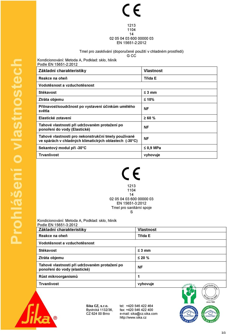 vody (Elastické) Tahové vlastnosti pro nekonstrukční tmely používané ve spárách v chladných klimatických oblastech (-30 C) Sekantový modul při -30 C Kondicionování: Metoda A, Podklad: sklo, hliník