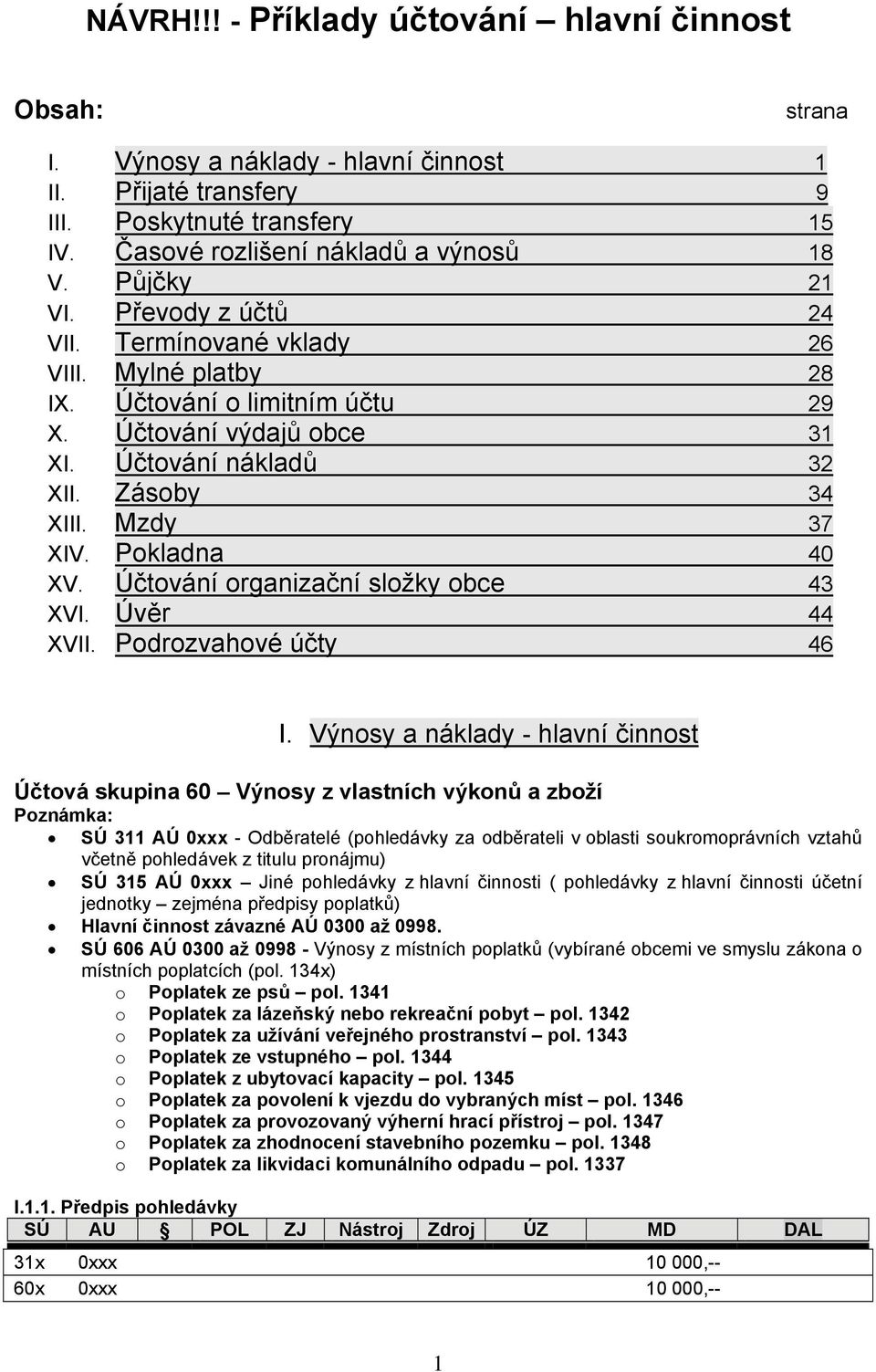 Pokladna 40 XV. Účtování organizační složky obce 43 XVI. Úvěr 44 XVII. Podrozvahové účty 46 I.