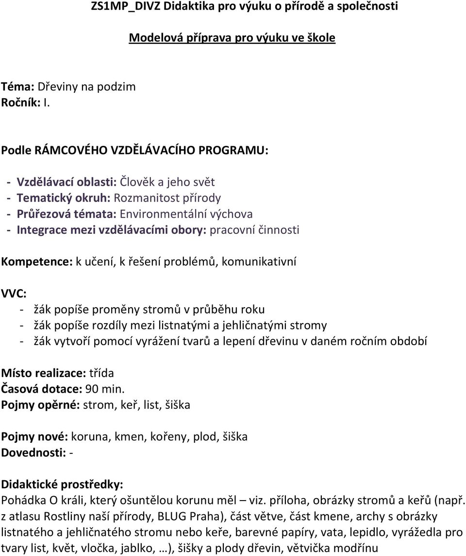 pracovní činnosti Kompetence: k učení, k řešení problémů, komunikativní VVC: - žák popíše proměny stromů v průběhu roku - žák popíše rozdíly mezi listnatými a jehličnatými stromy - žák vytvoří pomocí