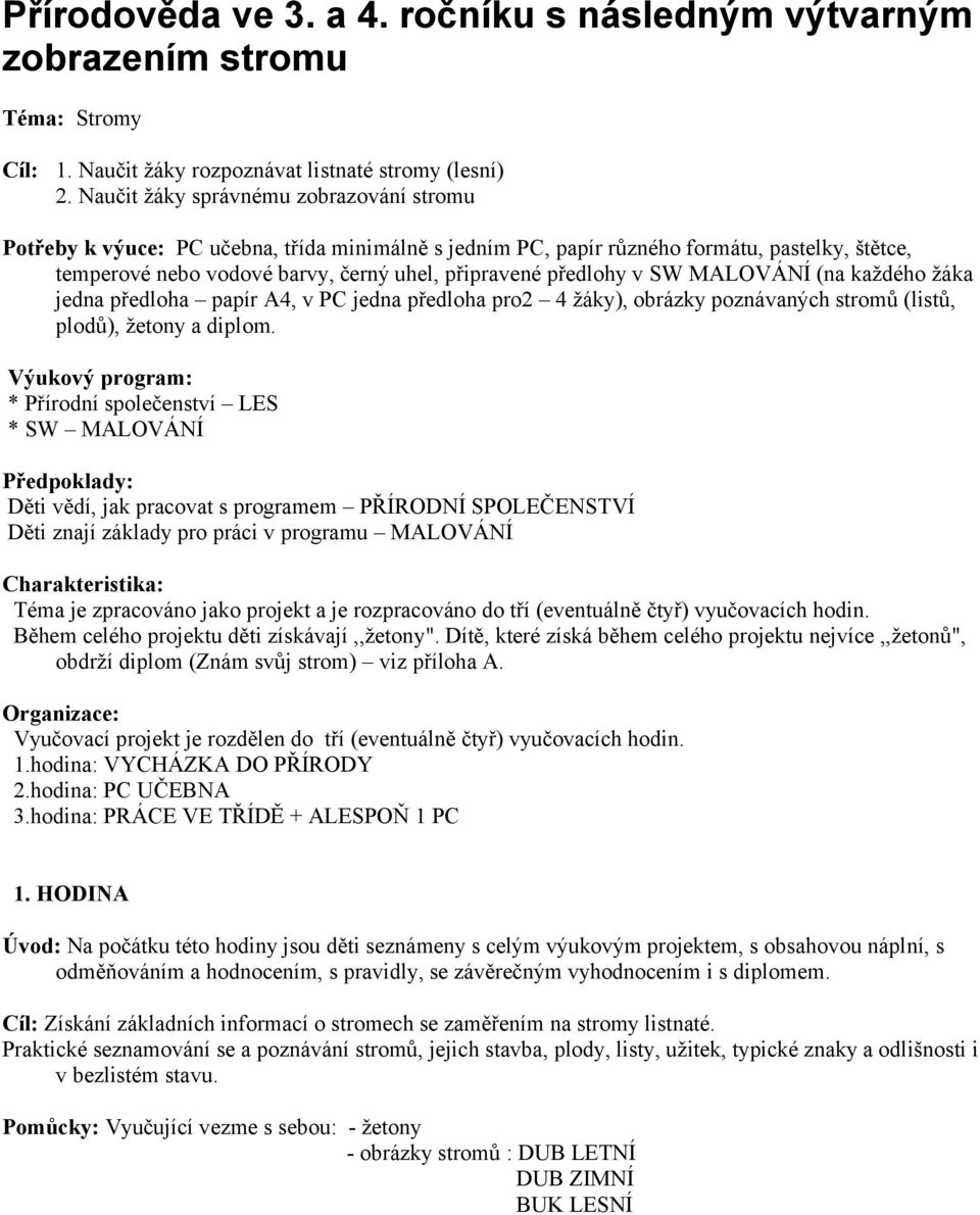 v SW MALOVÁNÍ (na každého žáka jedna předloha papír A4, v PC jedna předloha pro2 4 žáky), obrázky poznávaných stromů (listů, plodů), žetony a diplom.