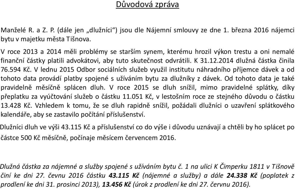 594 Kč. V lednu 2015 Odbor sociálních služeb využil institutu náhradního příjemce dávek a od tohoto data provádí platby spojené s užíváním bytu za dlužníky z dávek.