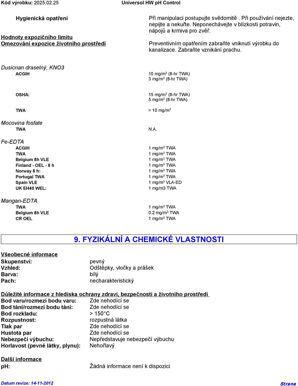 Dusicnan draselný, KNO3 ACGIH 10 mg/m 3 (8-hr TWA) 3 mg/m 3 (8-hr TWA) OSHA: 15 mg/m 3 (8-hr TWA) 5 mg/m 3 (8-hr TWA) TWA > 10 mg/m 3 Mocovina fosfate TWA Fe-EDTA ACGIH TWA Belgium 8h VLE Finland -