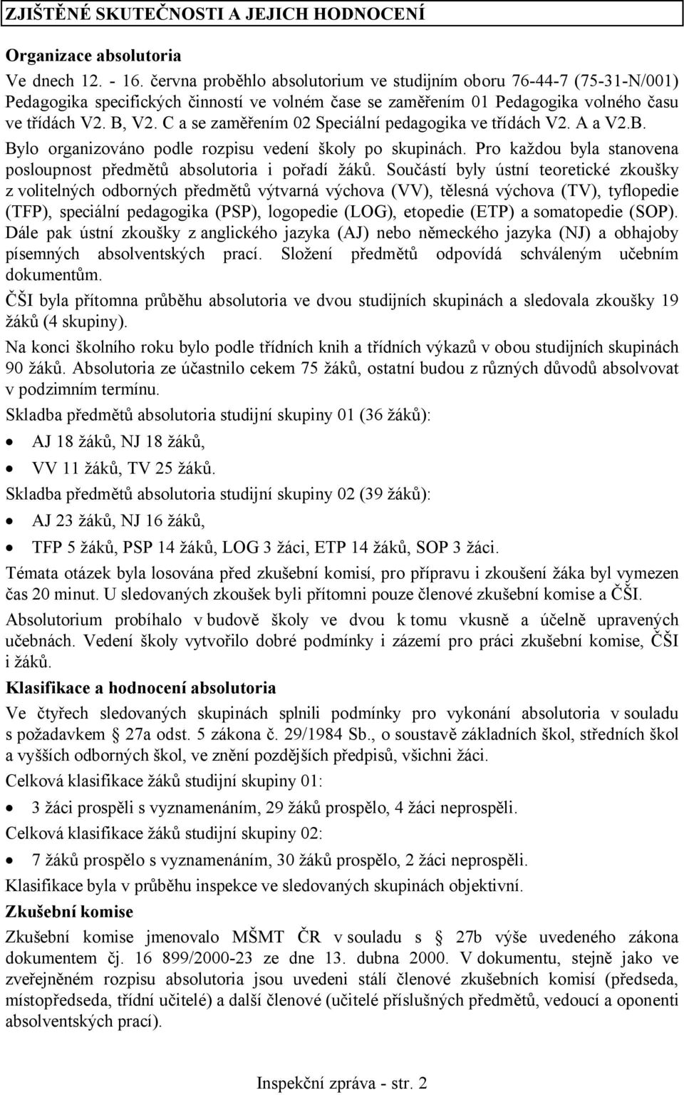 C a se zaměřením 02 Speciální pedagogika ve třídách V2. A a V2.B. Bylo organizováno podle rozpisu vedení školy po skupinách. Pro každou byla stanovena posloupnost předmětů absolutoria i pořadí žáků.