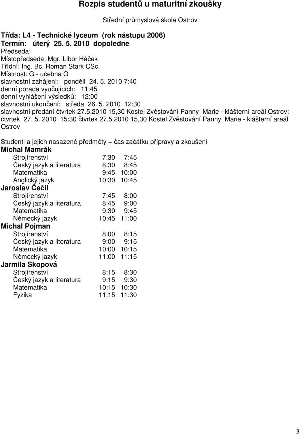 klášterní areál : Michal Mamrák Strojírenství 7:30 7:45 Český jazyk a literatura 8:30 8:45 Matematika 9:45 10:00 Anglický jazyk 10:30 10:45 Jaroslav Čečil