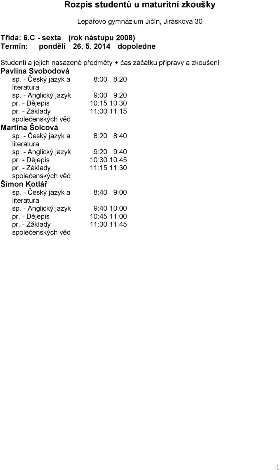 - Dějepis 10:15 10:30 11:00 11:15 Martina Šolcová sp. - Český jazyk a 8:20 8:40 sp.