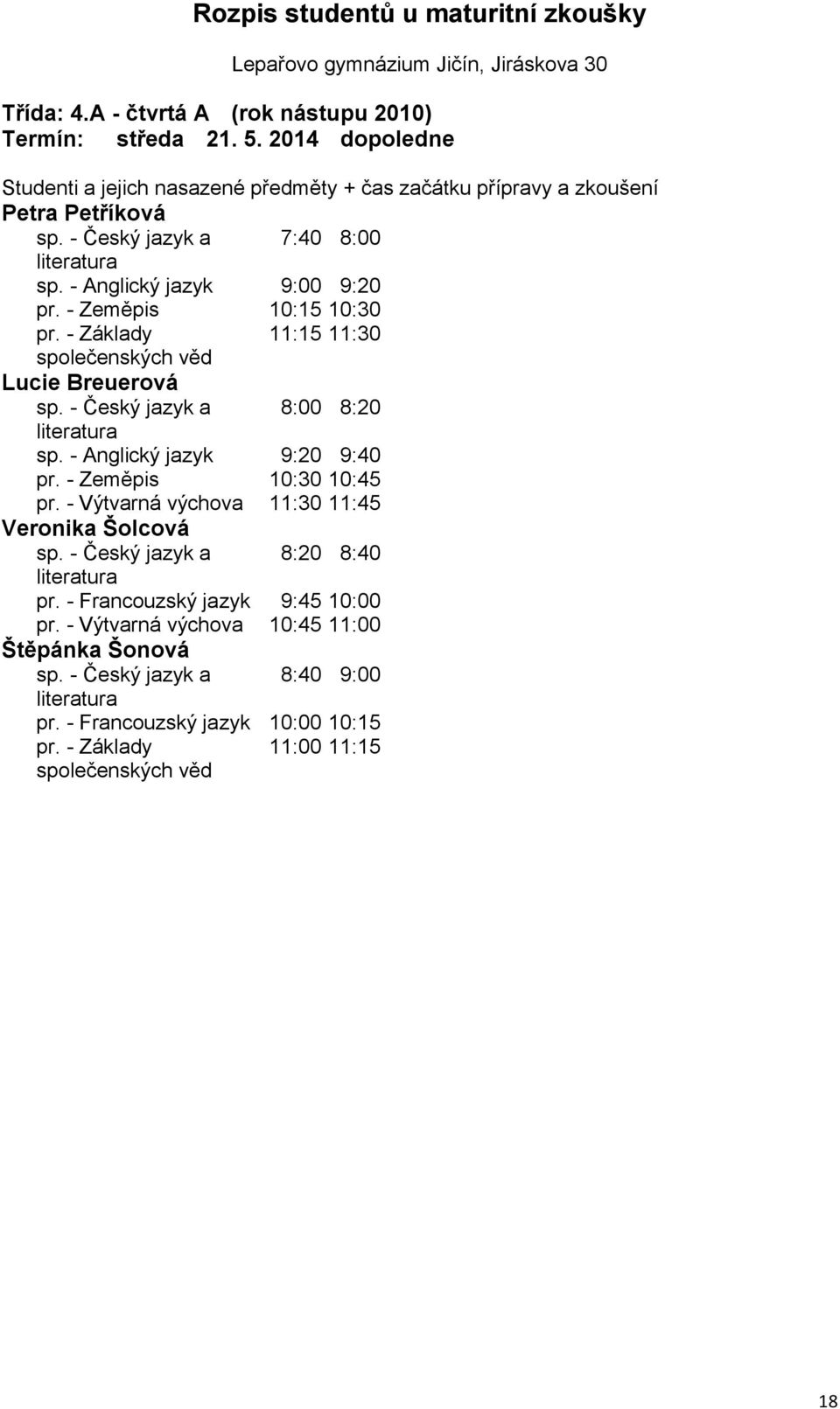 - Anglický jazyk 9:20 9:40 pr. - Zeměpis 10:30 10:45 pr. - Výtvarná výchova 11:30 11:45 Veronika Šolcová sp.