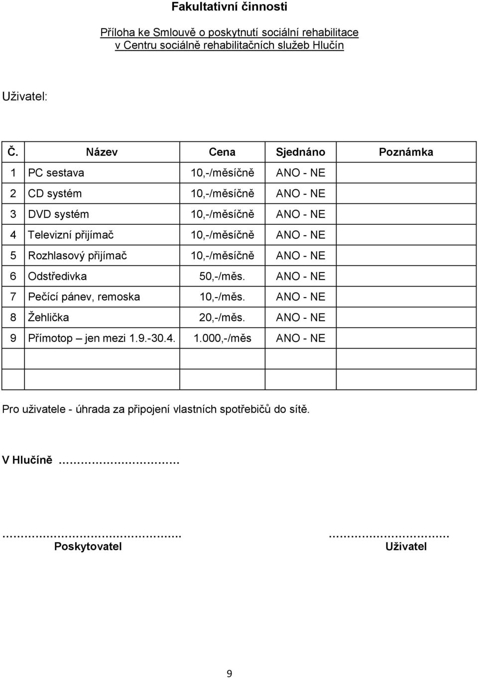 10,-/měsíčně ANO - NE 5 Rozhlasový přijímač 10,-/měsíčně ANO - NE 6 Odstředivka 50,-/měs. ANO - NE 7 Pečící pánev, remoska 10,-/měs.