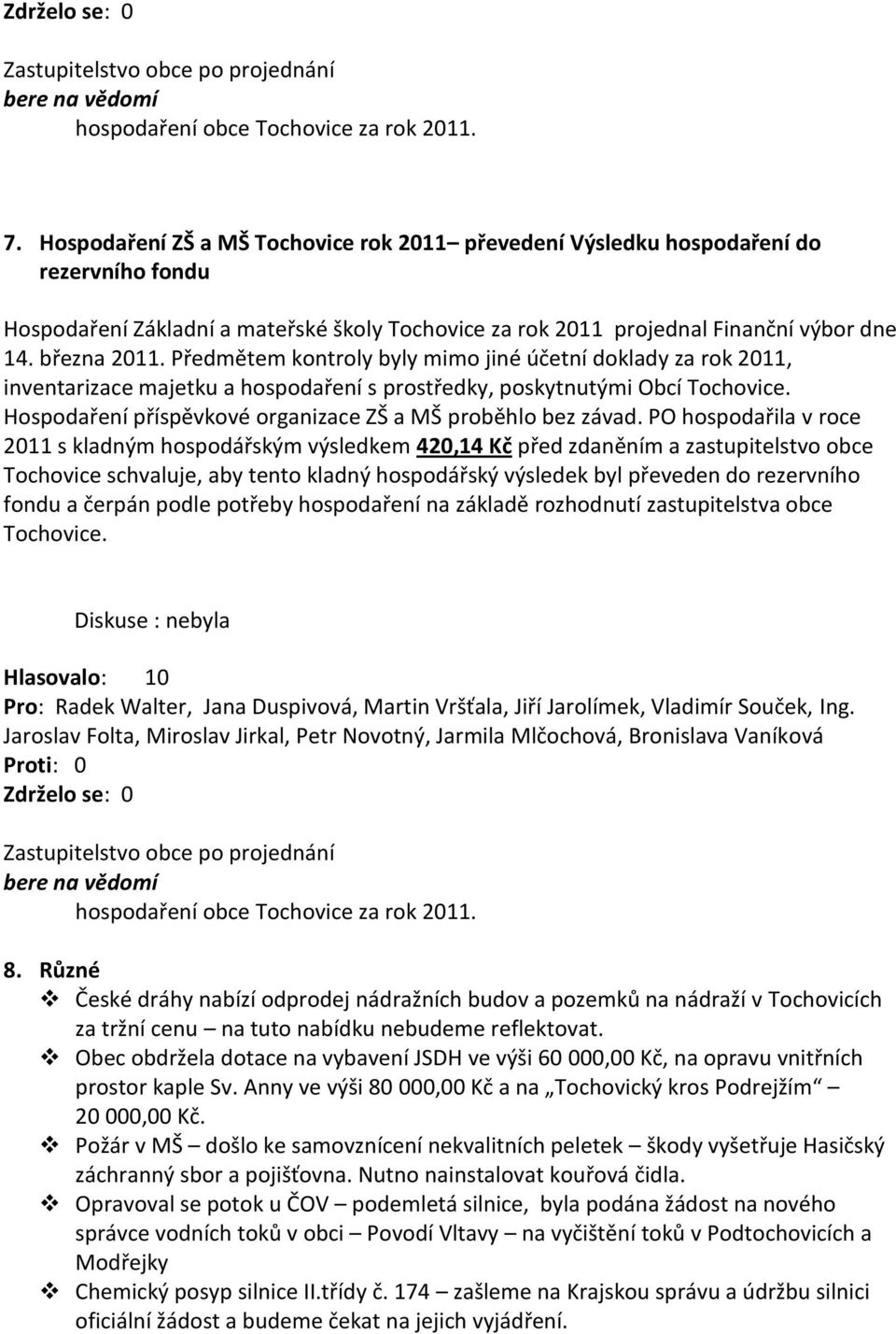 Předmětem kontroly byly mimo jiné účetní doklady za rok 2011, inventarizace majetku a hospodaření s prostředky, poskytnutými Obcí Tochovice.